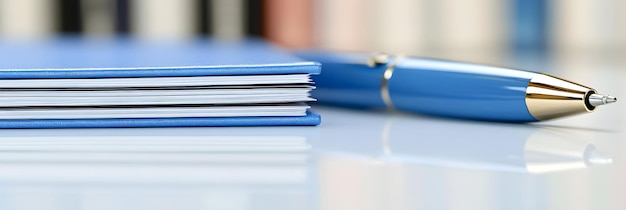 Closeup of a pen and notebook on a desk