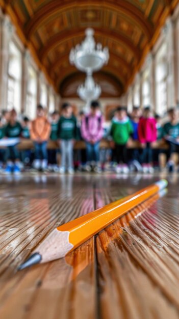 Photo closeup of pencil on wooden floor in classroom