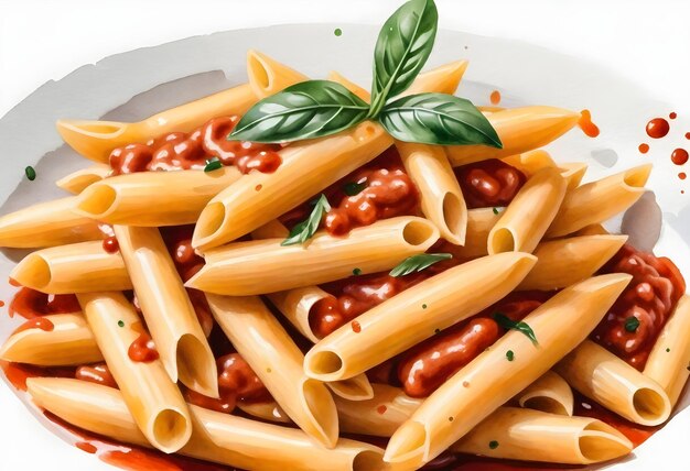 Closeup of penne pasta with red sauce garnished with basil and a sprig of rosemary