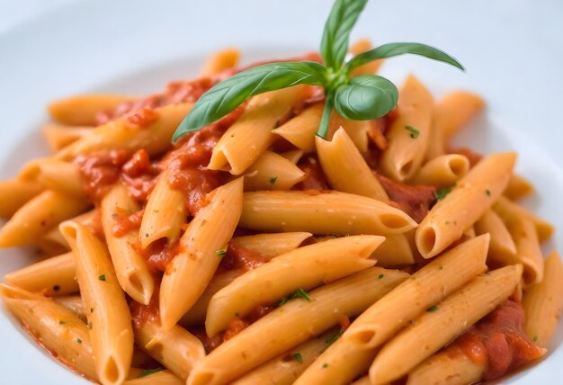 Closeup of penne pasta with red sauce garnished with basil and a sprig of rosemary