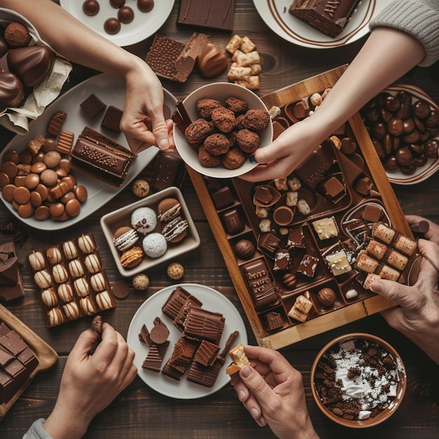 A closeup of people celebrating National Chocolate Day with various chocolate treats