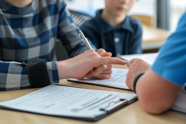 Closeup of people discussing documents at a wooden table A formal setting with hands pointing at papers Ideal for educational business and teamwork themes Generative AI