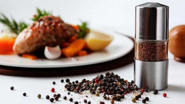 Photo a closeup of a pepper mill and spilled pepper beside a freshly plated gourmet dish with vegetables on a table