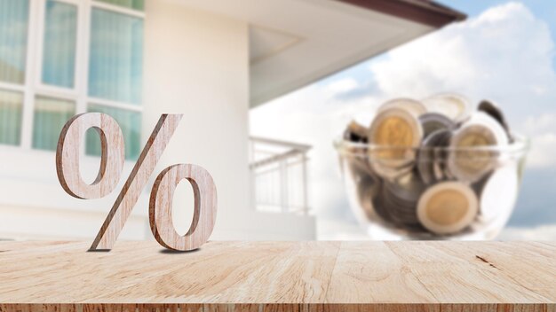 Closeup of percent sign leaning on wooden table Percentage Sign And Discount Rate Accountant VAT Tax Concept