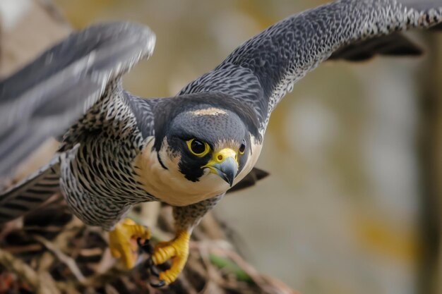 Photo closeup of peregrine falcon in midair fast bird of prey with white grey and spotted plumage