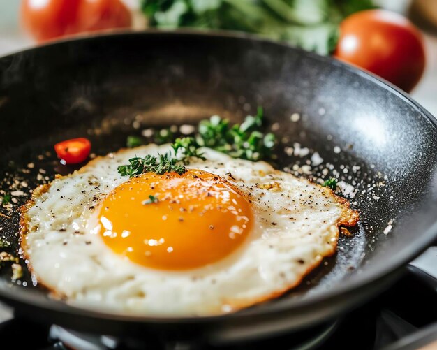 Photo closeup of a perfectly fried egg in a black pan with parsley and spices