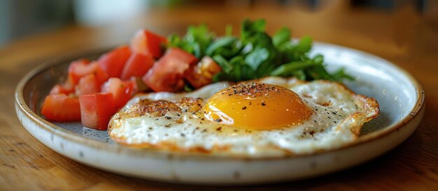 Photo closeup of a perfectly fried egg with salad and tomato