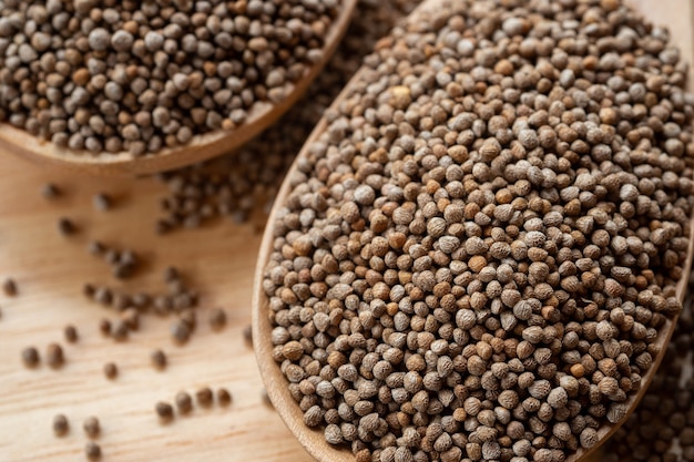 Closeup Perilla seeds in a wooden spoon are grains that can be eaten with both seeds and leaves