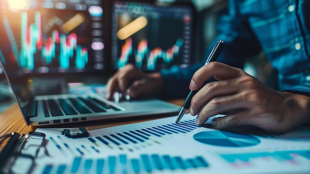 Closeup of a person analyzing financial charts and graphs on paper while working on a laptop in a br