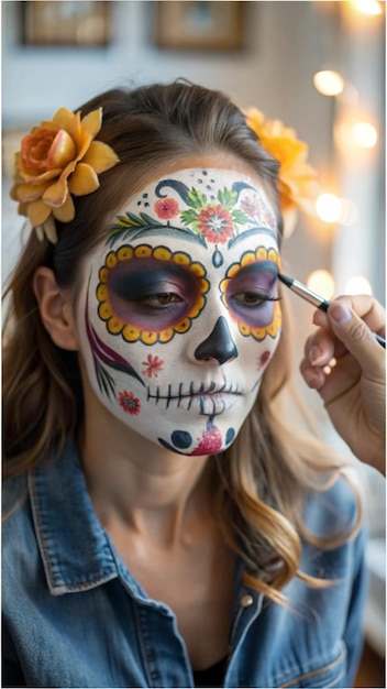 Photo a closeup of a person applying calavera skull makeup with detailed and vibrant patterns