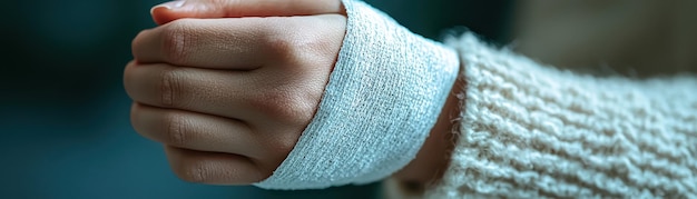 Photo closeup of person applying pain relief bandage on sore wrist for acute pain treatment copy space available for text