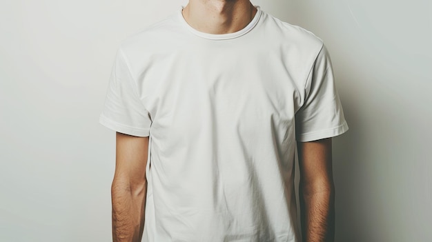 Closeup of a person in a blank white tshirt for branding mockups with a plain background showcasing space for logo or design Generative AI