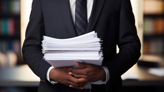 Photo closeup of a person in a business suit holding a large stack of documents and paperwork