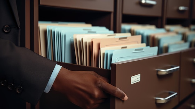 Photo closeup of a person in a business suit searching through open file drawers full of documents