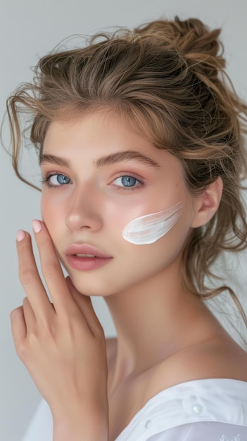 Closeup of a person face with curly hair wearing white top applying cream or lotion Gently holding small amount of product on skin Blurred background focuses attention on subject