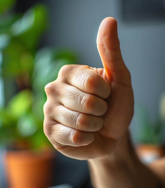 Photo closeup of a person giving a thumbs up gesture focusing on the details of the skin and the blurred green background