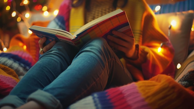 Photo closeup on a person holding a book with a vivid multicolored cover in a cozy welllit reading nook