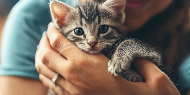 Photo a closeup of a person holding a cute kitten showcasing warmth and affection in a cozy environment