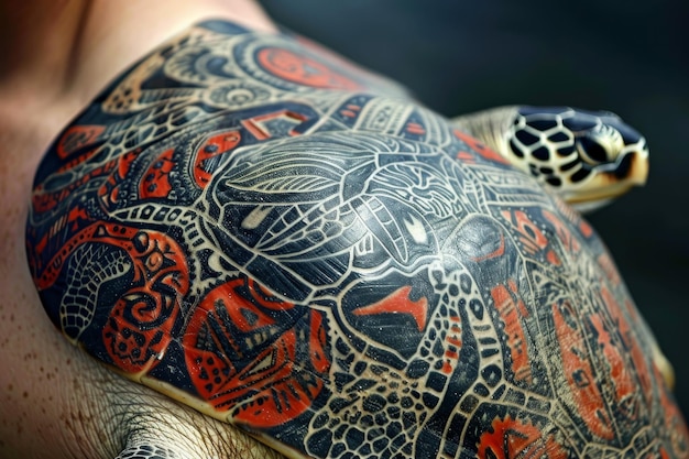 Closeup of a person holding a turtle adorned with intricate tribalinspired patterns A tribalinspired turtle adorned with intricate tattoos