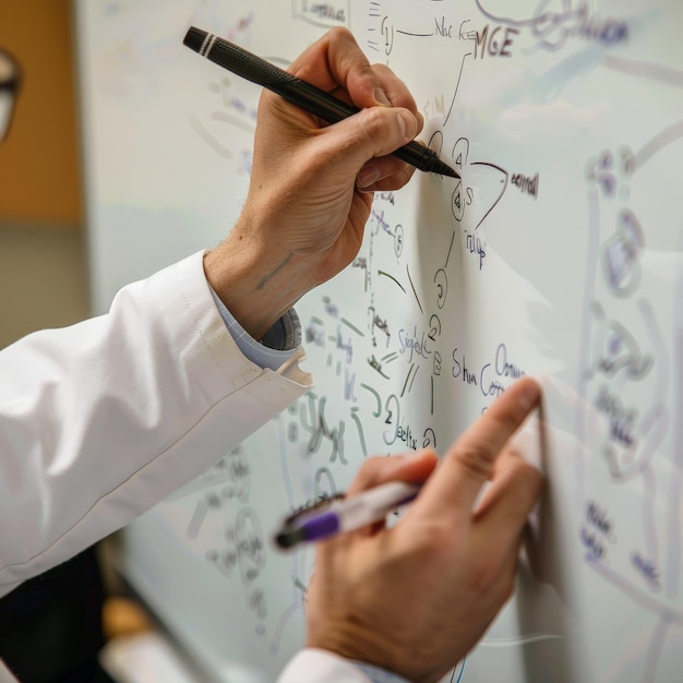 Photo closeup of a person in a lab coat writing complex diagrams and calculations on a whiteboard during a science research discussion