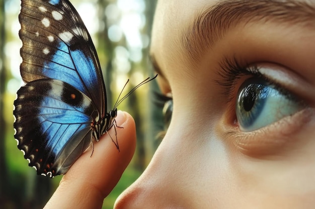 Photo closeup of a person observing a butterfly with focus on eyes and nature connection