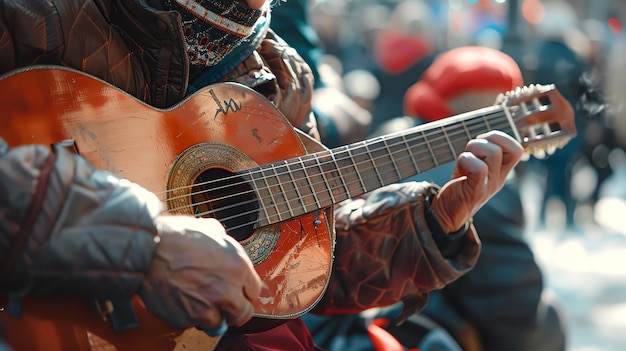 A closeup of a person playing an acoustic guitar The person is wearing a brown jacket and a scarf