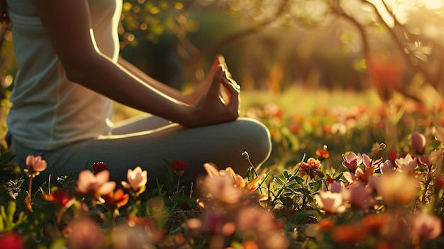 Closeup of a person practicing yoga in the beautiful flowering field