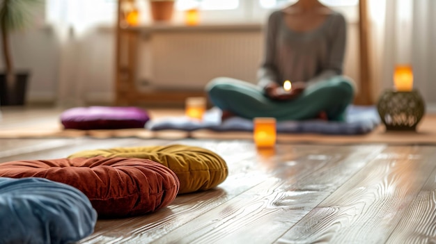 Closeup of a person practicing yoga in a bright and wellappointed studio with wooden floors