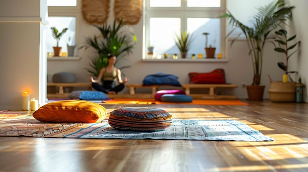 Closeup of a person practicing yoga in a bright and wellappointed studio