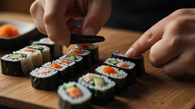 Photo closeup of person preparing sushi