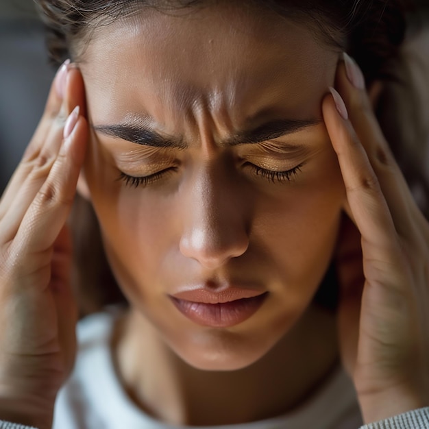 Photo closeup of a person pressing their temples