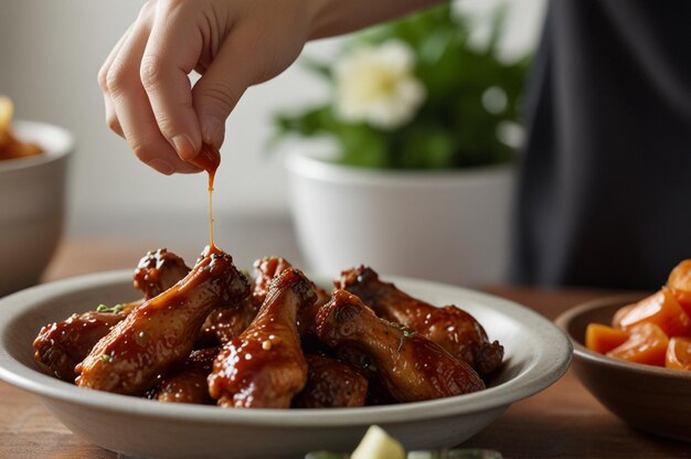 Photo closeup of a person putting sauce on deliciously cooked chicken wings in a bowl on the table