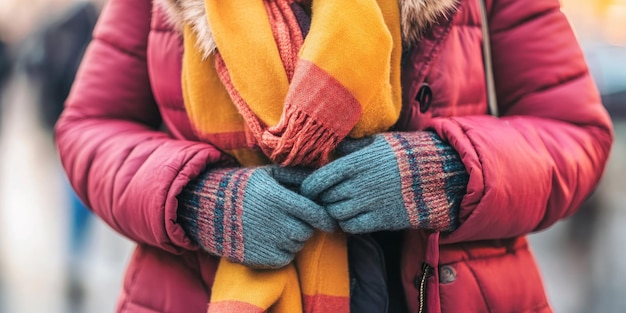 Photo closeup of a person in a red winter coat and a striped scarf with patterned gloves standing outside embracing warmth in the cold