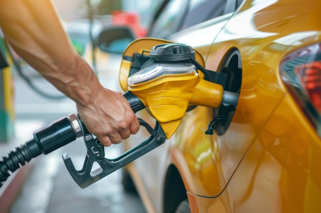 Photo closeup of a person refueling a yellow car at a gas station focusing on the fuel nozzle and vehicle