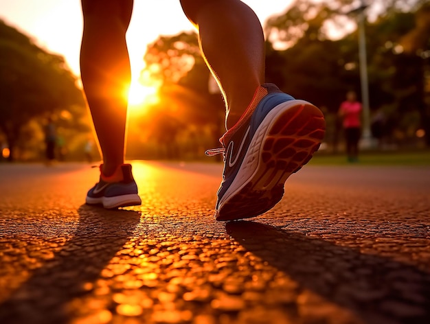 Closeup of a person running during sunset Generative AI