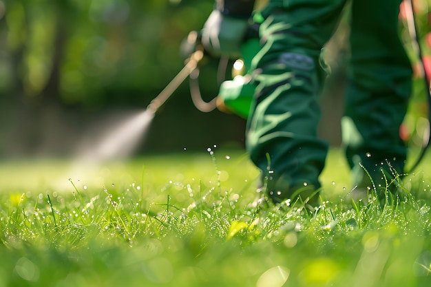 Photo closeup of a person spraying a lawn