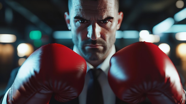 Photo closeup of a person in a suit with red boxing gloves set against a vibrant light background represen