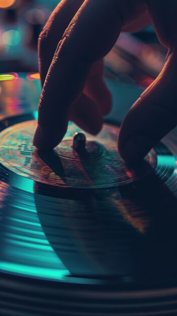 CloseUp of Person Touching Record Vinyl Music Enthusiast Engages With Retro Technology