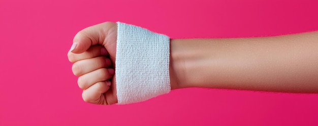 Photo closeup of person using support bandage on wrist with copy space medical care concept