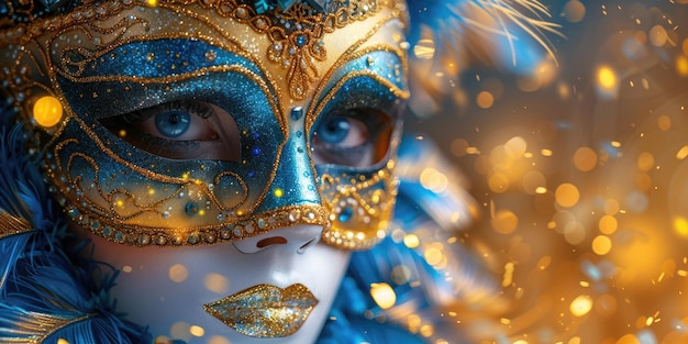 Closeup of person wearing blue masquerade mask with sparkling details at night