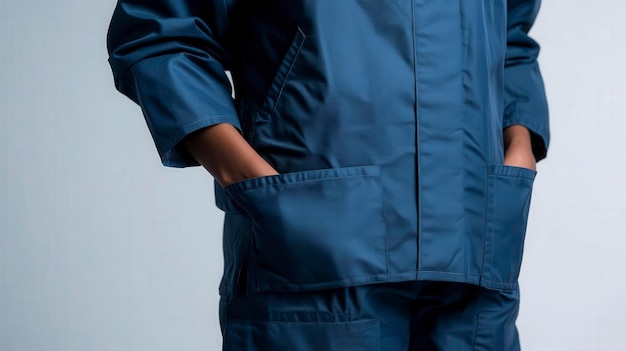 Photo closeup of a person wearing a blue work uniform with hands in pockets