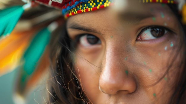 Photo closeup of a person wearing a colorful feathered headdress with intricate beadwork focused and intense expression