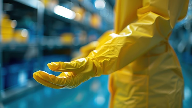 Closeup of a person wearing a yellow protective suit and gloves standing in an industrial setting