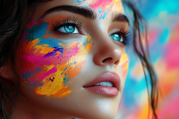 A closeup of a person with colorful face paint against a vibrant background