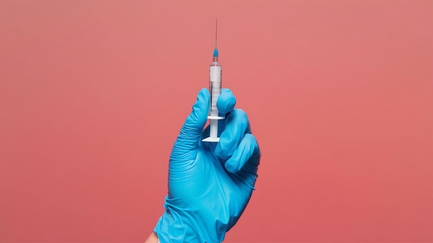 Closeup of a person with a latex glove holding a needle syringe isolated on a white background