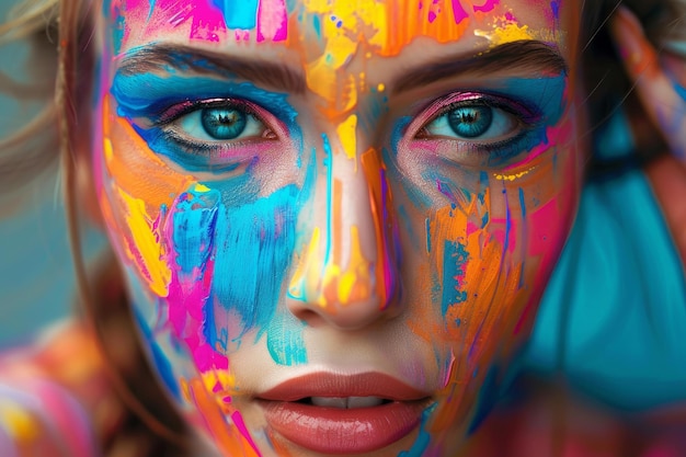 Closeup of a person with vibrant paint splashes on their face highlighting artistic makeup