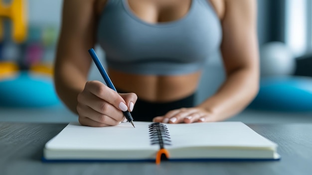 A closeup of a person writing in a notebook with a pen showcasing focus and organization in a modern indoor setting