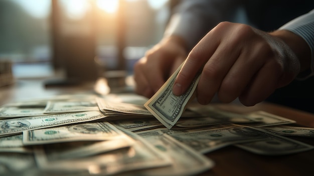 Closeup of a person39s hand counting US dollar bills on a wooden table