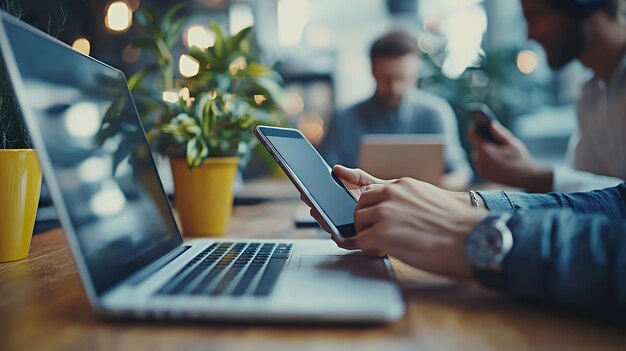 Closeup of a person39s hand holding a smartphone with a laptop in the background