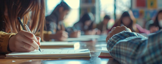 Closeup of a person39s hand writing in a notebook with others studying in the background